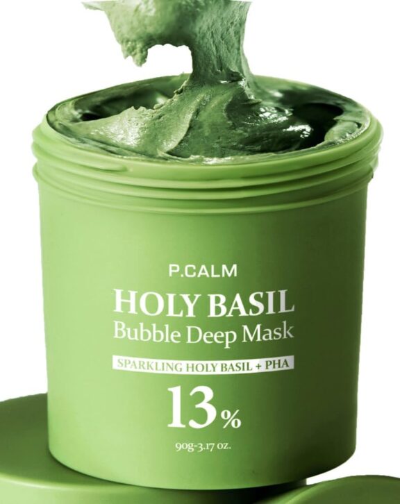 P.CALM Holy Basil Bubble Deep Mask – Holy Basil & Carbonated Water for Cleansing Pores & Blackheads, Korean Clay to Bubble Wash-Off Pack (90g / 3.17 oz)