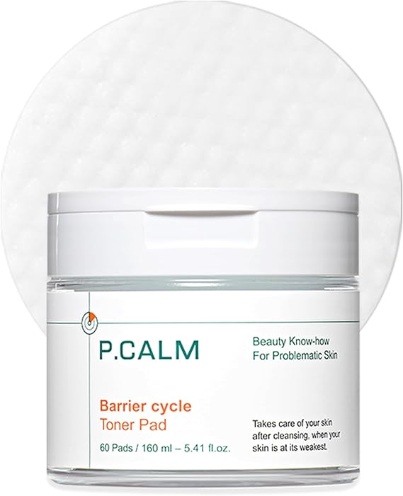 P.CALM Barrier Cycle Toner Pad – 60 Pads with Centella Asiatica & Papaya Extract for Soothing, Moisturizing & Exfoliating, Korean Vegan Facial Toners Pads for Sensitive Skin (160ml / 5.41 fl.oz)